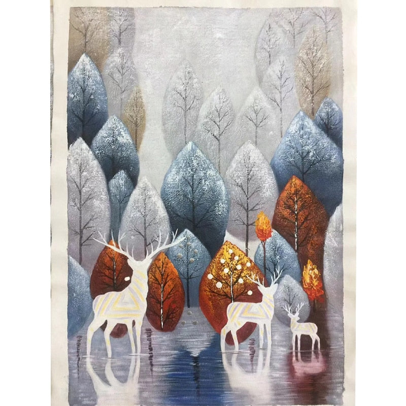 100% Hand Painted Forest Milu Deer Art Oil Painting On Canvas Wall Art Frameless Picture Decoration For Live Room Home Deco Gift