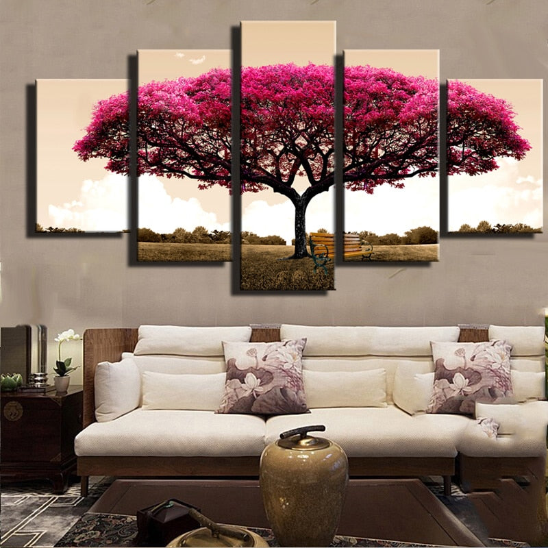 5 Panel Artist Painted Red Leaves Tree Landscape Oil Painting on Canvas Handmade Abstract Wall Art Picture for room Home Decor - SallyHomey Life's Beautiful