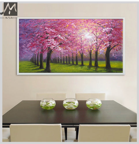 Cheap modern paintings handmade beautiful oil painting landscape pink cherry blossom tree painting wall pictures for kitchen - SallyHomey Life's Beautiful