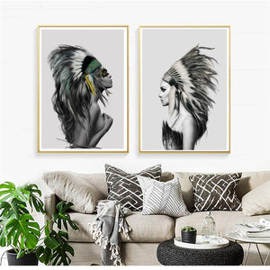 Modern Portrait Poster And Print Wall Art Canvas Painting Noble Indian Feather Art Wall Pictures For Living Room Home Decoration - SallyHomey Life's Beautiful
