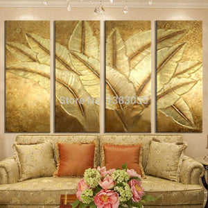 Hand Painted Gold Japanese Banana Leaf Oil Painting Modern Abstract 4 Piece Canvas Art Wall Decor Picture Sets (Other) - SallyHomey Life's Beautiful