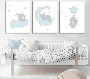 Baby Nursery Wall Art Canvas Print Cartoon Blue Elephant Poster Painting Decorative Picture Nordic Kids Boys Bedroom Decoration - SallyHomey Life's Beautiful