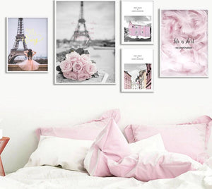 Eiffel Tower Girl Wall Art Canvas Fashion Poster Pink City Landscape Print Painting Nordic Decoration Picture Living Room Decor - SallyHomey Life's Beautiful