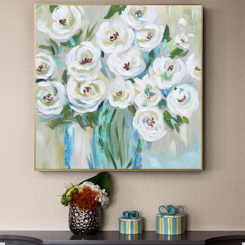 Modern Abstract Flower Posters Hand Painted White Roses Pictures Prints on Canvas Wall Art Decoration For Living Room Frameless - SallyHomey Life's Beautiful