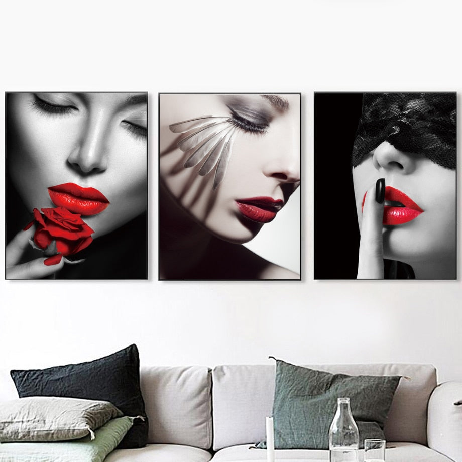 Fashion Sexy Girl Red Lips Feather Wall Art Canvas Painting Nordic Pos –  SallyHomey Life's Beautiful