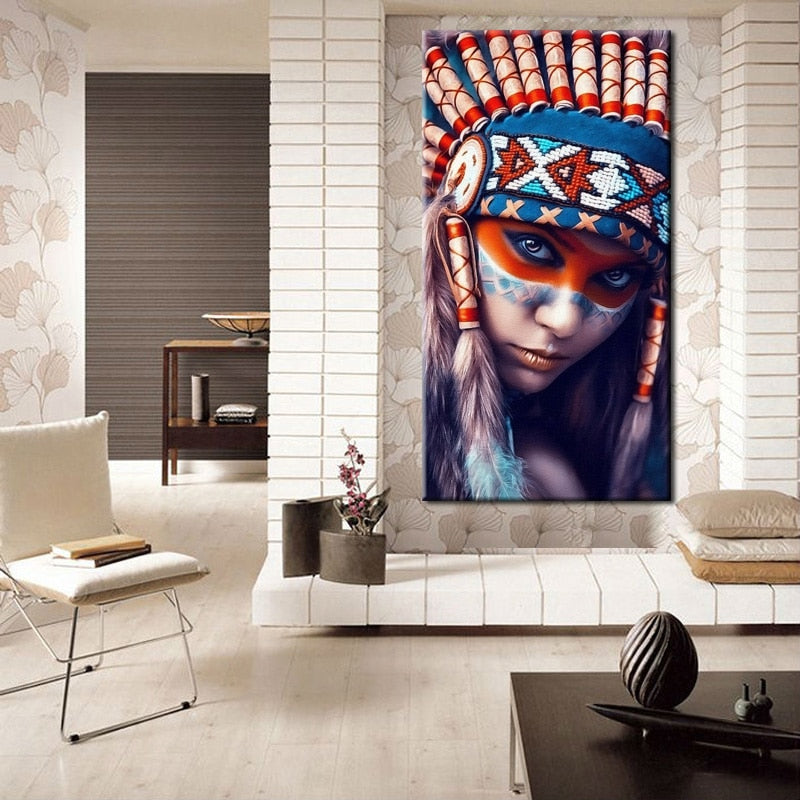 Modern Portrait Canvas Painting Feathered Pride Indian Girl Wall Art Poster For Living Room Home Decoration Frameless 70X140CM - SallyHomey Life's Beautiful