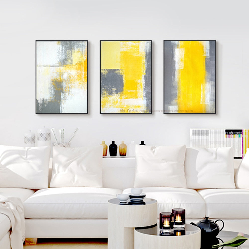 3 piece canvas painting abstract oil painting handmade yellow grey wal ...