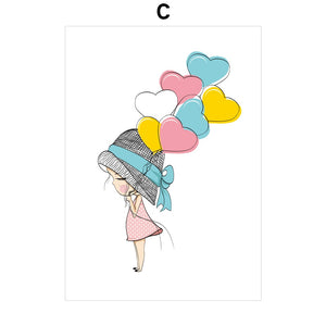 Cartoon Girl Straw Hat Balloon Rabbit Wall Art Canvas Painting Nordic Posters And Prints Wall Pictures Kids Room Nursery Decor - SallyHomey Life's Beautiful