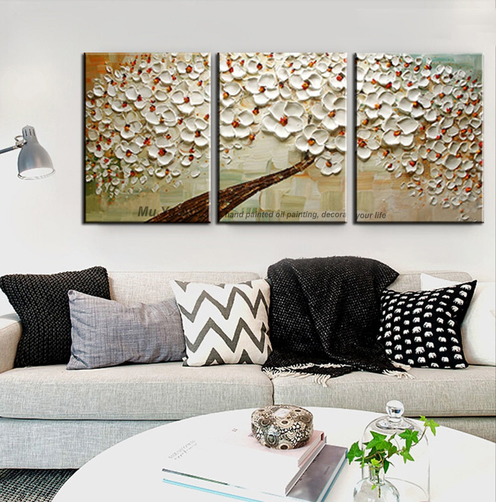 Modern abstract canvas art decorative canvas painting triptych palette knife painting white cherry blossom painting tree - SallyHomey Life's Beautiful