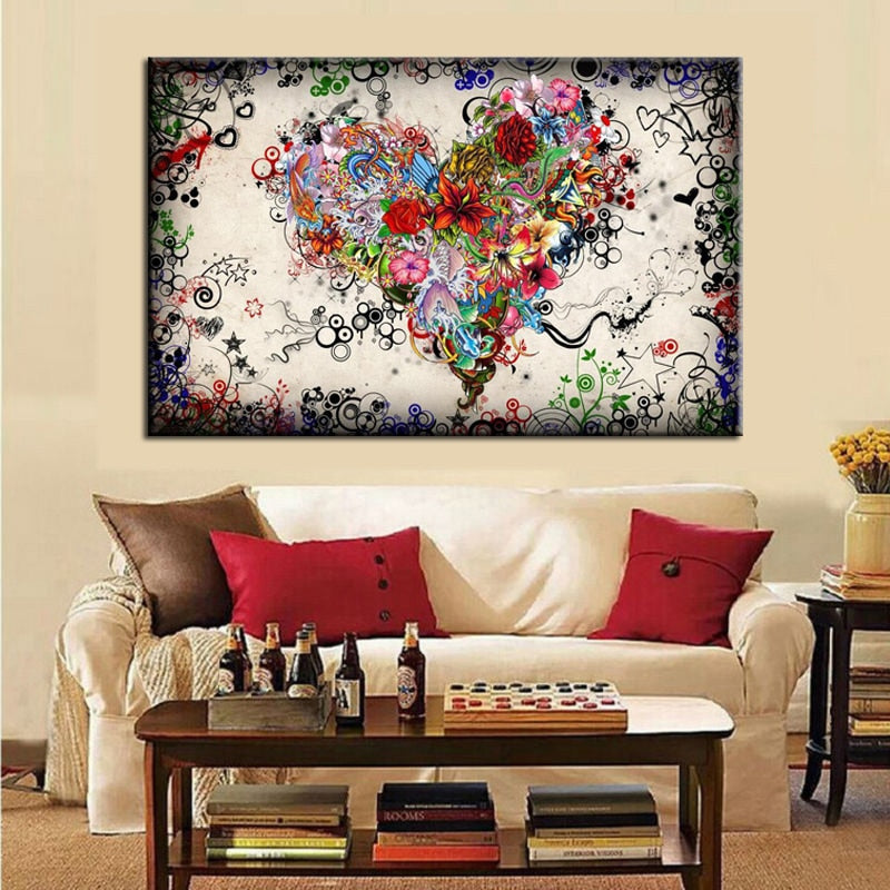 Abstract Oil Painting Multiple Flowers Combined into Heart Love Art on Canvas Wall Art Picture for Living Room Cuadros Decor - SallyHomey Life's Beautiful