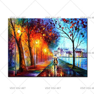 100% Hand Painted  Leonid City Couple Umbrella Oil Painting  Unique Gift On Canvas Home Decor Wall Pictures For Living Room