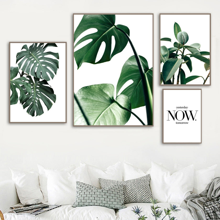 Monstera Green Big Leaves Quotes Wall Art Canvas Painting Nordic Posters And Prints Wall Pictures For Living Room Bedroom Decor - SallyHomey Life's Beautiful