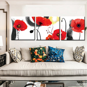 Modern Watercolor Wall Art Decoration Canvas Painting 3Panels Red Flowers Pictures for Living Room Wall Printed Posters No Frame - SallyHomey Life's Beautiful