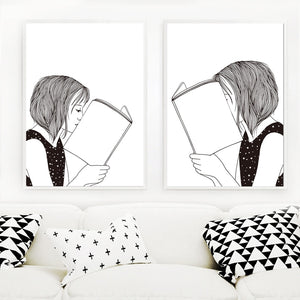 Girl Portrait Book Minimalist Black White Wall Art Print Canvas Painting Nordic Posters And Prints Wall Pictures For Living Room - SallyHomey Life's Beautiful