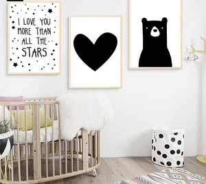 Kawaii Black White Bear Heart Cartoon Wall Art canvas Posters Nursery Print Nordic Style Painting Picture Children Room Decor - SallyHomey Life's Beautiful