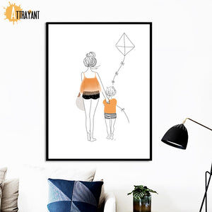 Cartoon Girl Boy Woman Kite Minimalism Wall Art Canvas Painting Nordic Posters And Prints Wall Pictures Kids Room Nursery Decor - SallyHomey Life's Beautiful