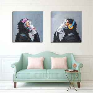 Print Modern Abstract Thinking Monkey with Headphone Cartoon Canvas Painting Animals Funny Wall Art Home Decor for Living Room - SallyHomey Life's Beautiful