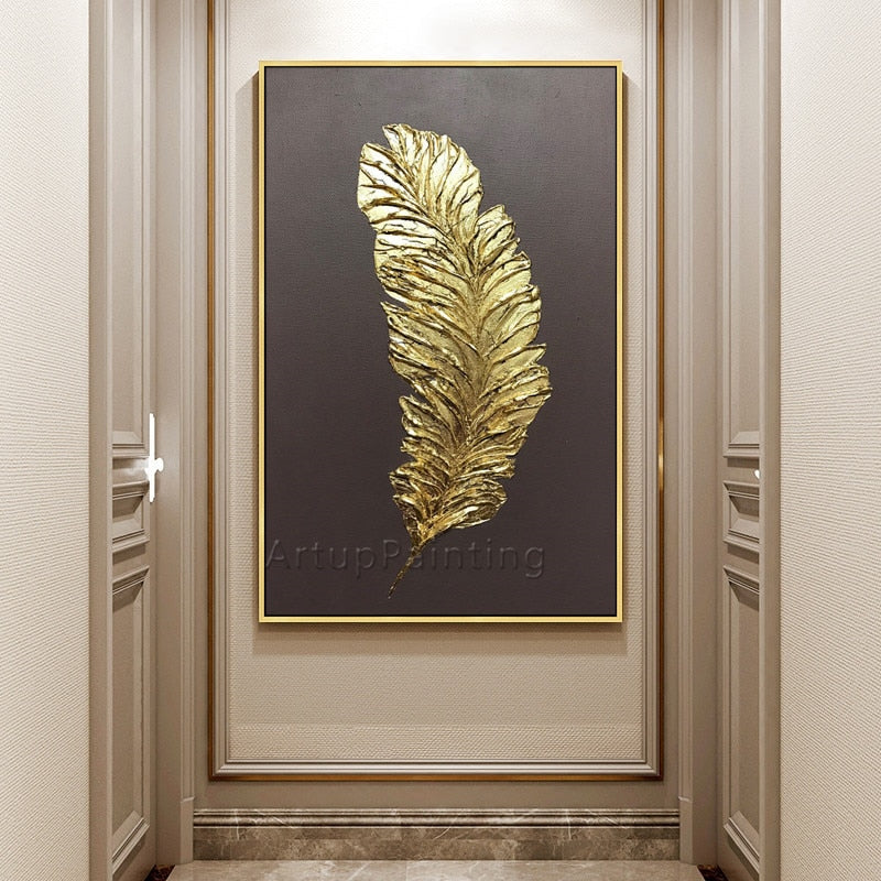Gold Feather Art Painting on Canvas Acrylic Wall Art Modern Picture Hand Painted - SallyHomey Life's Beautiful