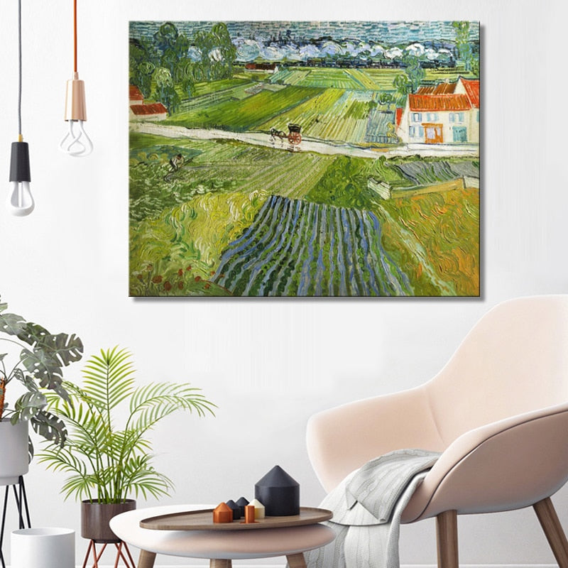 Landscape with Carriage and Train in the Background by Van Gogh, Poster Print on Canvas Wall Art Decorative Painting For Bedroom - SallyHomey Life's Beautiful