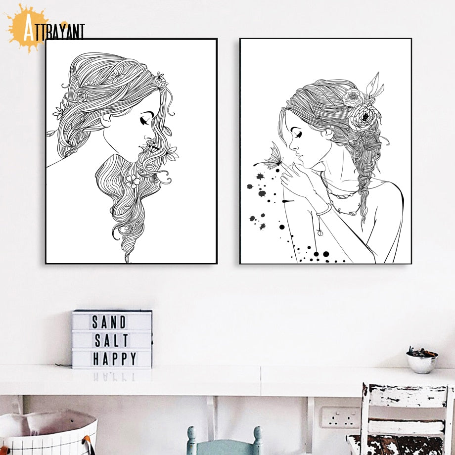 Fashion Girl Flower Butterfly Black And White Nordic Posters And Prints Wall Art Canvas Painting Wall Pictures For Living Room - SallyHomey Life's Beautiful