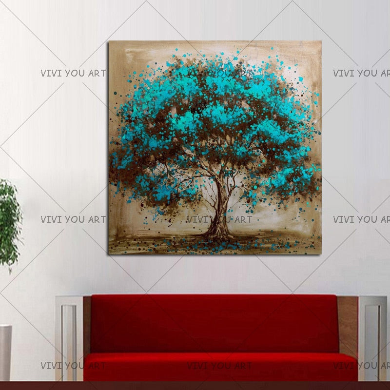 Hand Painted Modern Blue Tree Decoration Oil Painting On Canvas Handmade Landscape Wall Art Home Decor Painting Hang Pictures
