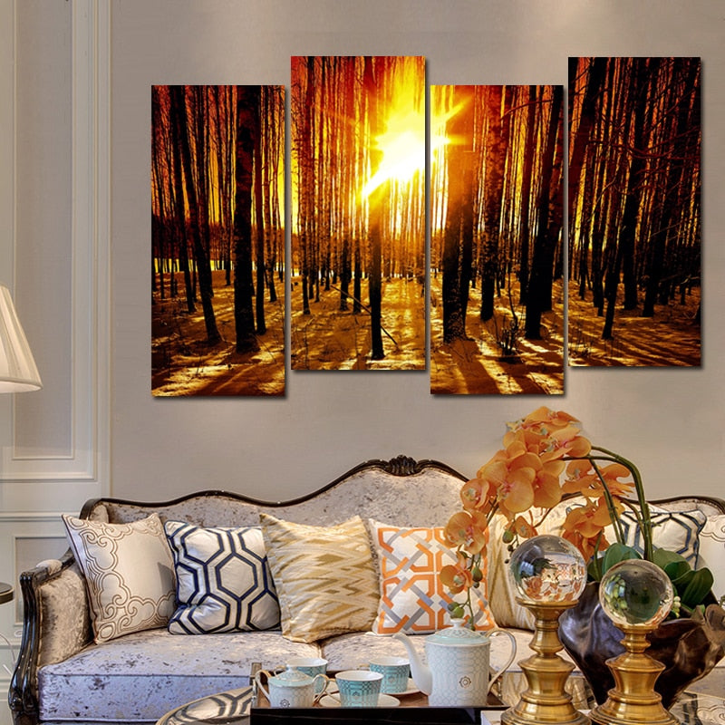 Modern Landscape Posters and Prints Wall Art Canvas Painting 4pcs Forest Sunrise Decorative Pictures for Living Room Home Decor - SallyHomey Life's Beautiful