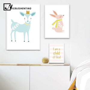 Baby Nursery Wall Art Canvas Posters Prints Cartoon Deer Rabbit Painting Nordic Kids Decoration Picture Children Bedroom Decor - SallyHomey Life's Beautiful