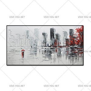 🔥 🔥 100% Hand Painted  Canvas Abstract Modern City Picture Handmade Knife Painting Buildings Oil Paintings for Living Room (No Frame)