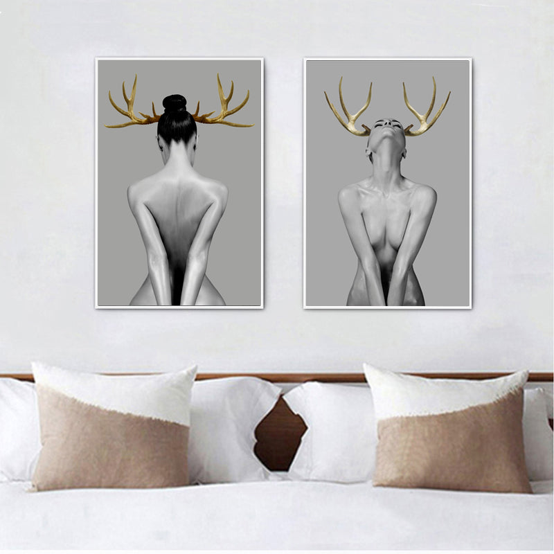 Portrait Posters and Prints Wall Art Canvas Painting for Living Room Home Decoration Sexy Golden Antlers Woman Pictures No Frame - SallyHomey Life's Beautiful