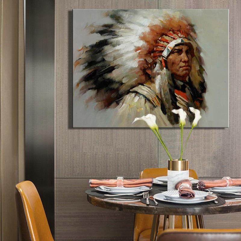 Handmade Native Indian Feathered Portrait Posters Print on Canvas - SallyHomey Life's Beautiful
