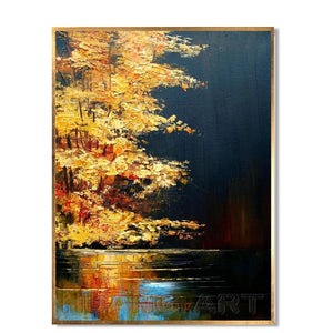 Handmade Amazing Art Knife Oil Paintings on Canvas Yellow Sunrise Light Bloom Tree Landscape Hang Painting Lakeside Picture - SallyHomey Life's Beautiful