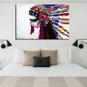 Feathered Girl Portrait Pop Art Canvas Painting Posters and Prints Wall Art Pictures for Living Room Wall Home Decoration - SallyHomey Life's Beautiful