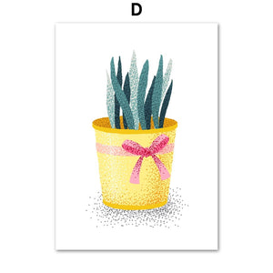 Cartoon Potted Cactus Leaf Flower Wall Art Canvas Painting Nordic Poster And Prints Plants Wall Pictures For Living Room Decor - SallyHomey Life's Beautiful