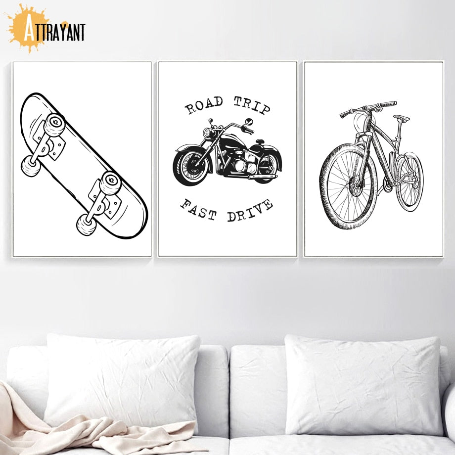 Bike motorcycle Skateboard Nordic Posters And Prints Wall Art Canvas Painting Black White Cartoon Wall Pictures Kids Room Decor - SallyHomey Life's Beautiful