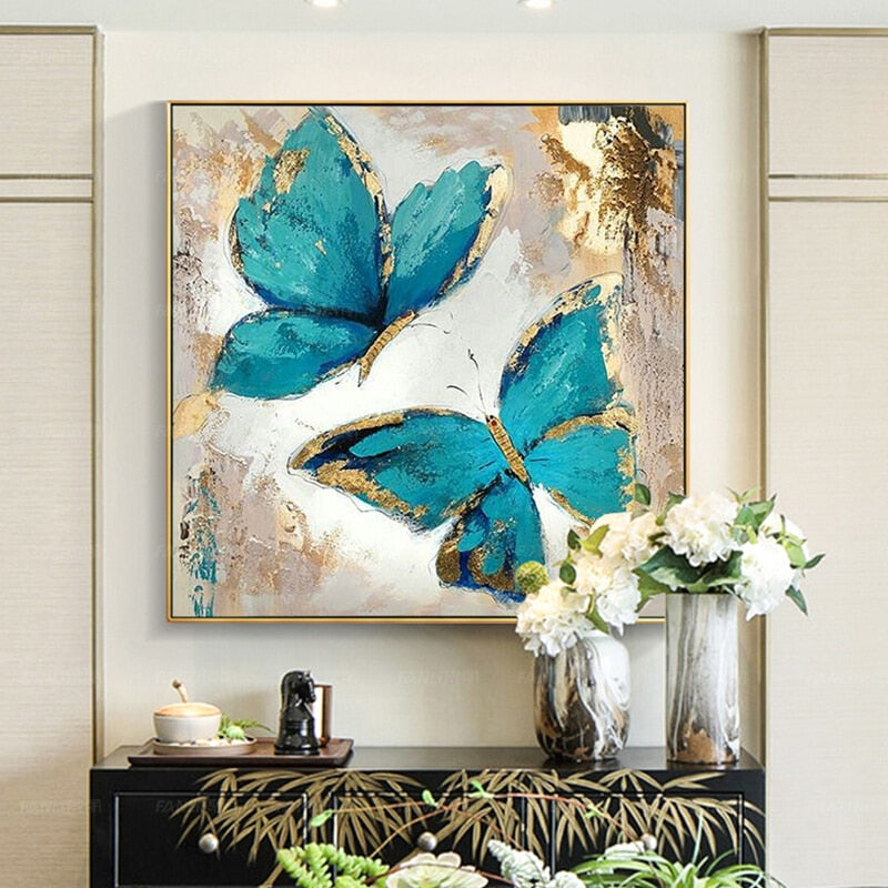 100% Hand Painted Abstract Modern Blue Butterfly Oil Painting On Canvas Wall Art Frameless Picture Decoration For Live Room Home