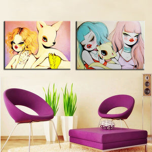 Modern Abstract Graffity Canvas Oil Painting Digital Printed Handlebar Beauty Girl and Lovely Deer Canvas Painting Unframed - SallyHomey Life's Beautiful