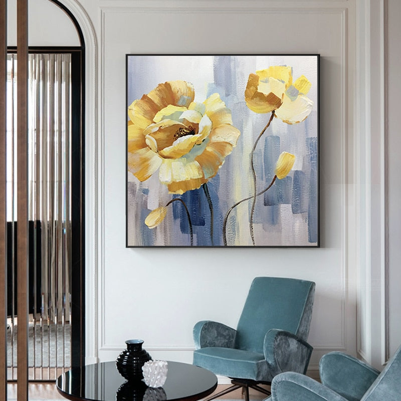 100% Hand Painted Abstract Yellow Flowers Oil Painting On Canvas Wall Art Frameless Picture Decoration For Live Room Home Decor
