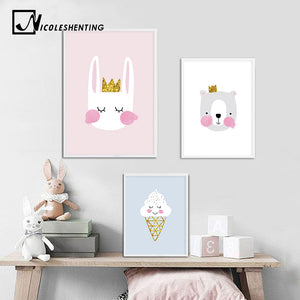 Cartoon Rabbit Bear Nursery Wall Art Canvas Painting Minimalist Posters Prints Nordic Kids Decoration Pictures Living Room Decor - SallyHomey Life's Beautiful