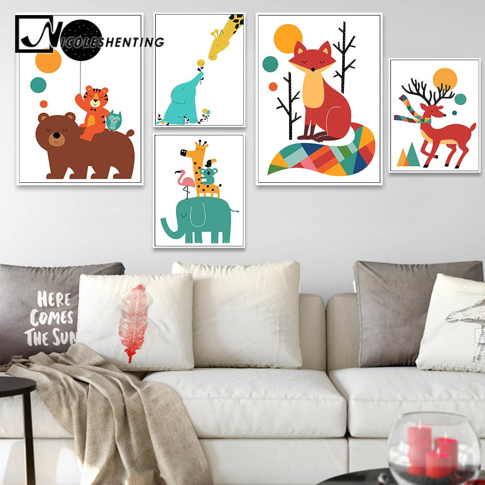 Nordic Art Cartoon Bear Elephant Tiger Minimalism Poster Canvas Painting Kawaii Cartoon Wall Picture Print Baby Room Decoration - SallyHomey Life's Beautiful