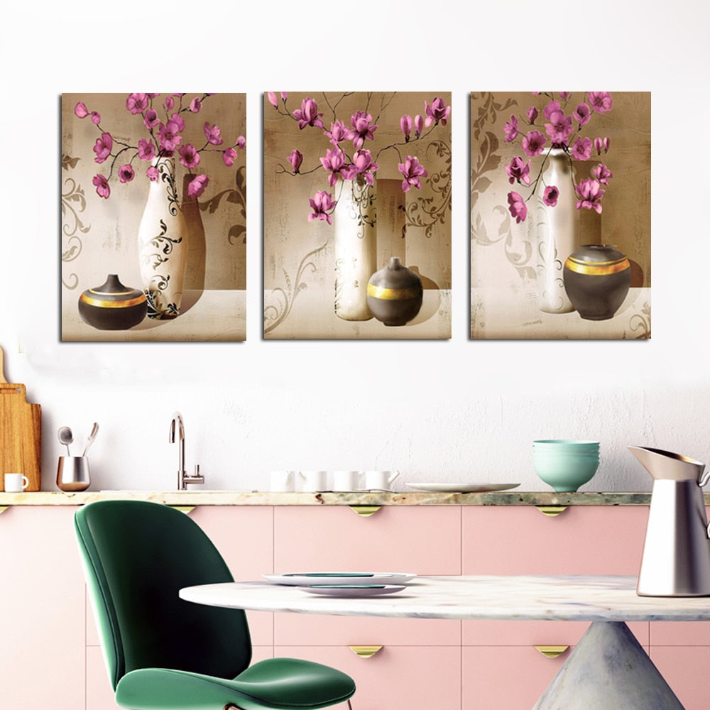 3Pcs Classical Poster Prints on Canvas Red Flower with Vase,Pottery Picture - SallyHomey Life's Beautiful