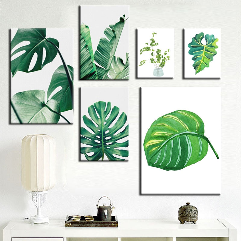 Watercolor Plant Leaves Poster Print Landscape Wall Art Canvas Painting Picture for Living Room Home Decoration Green Gift - SallyHomey Life's Beautiful