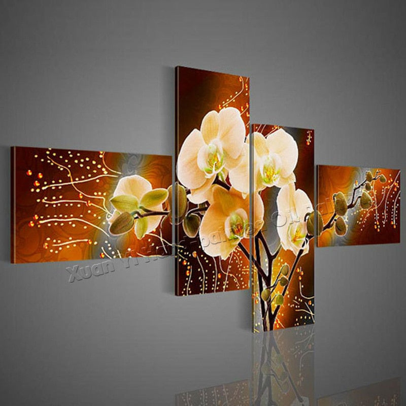 4 Panel Modern Handpainted Flower Oil Painting Abstract Handmade Wall Art Home Decor No Frame (25x50cm 25x60cm) - SallyHomey Life's Beautiful