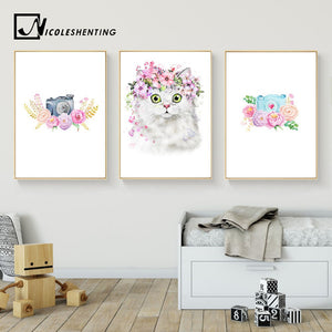 Kawaii Animal Rabbit Cat Nursery Canvas Poster Canvas Prints Wall Art Painting Wall Pictures for Children Living Room Home Decor - SallyHomey Life's Beautiful