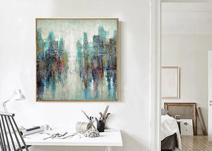Master Artist Handmade High Quality Modern Abstract City Oil Painting on Canvas Colorful Turquoise Oil Painting for Living Room - SallyHomey Life's Beautiful