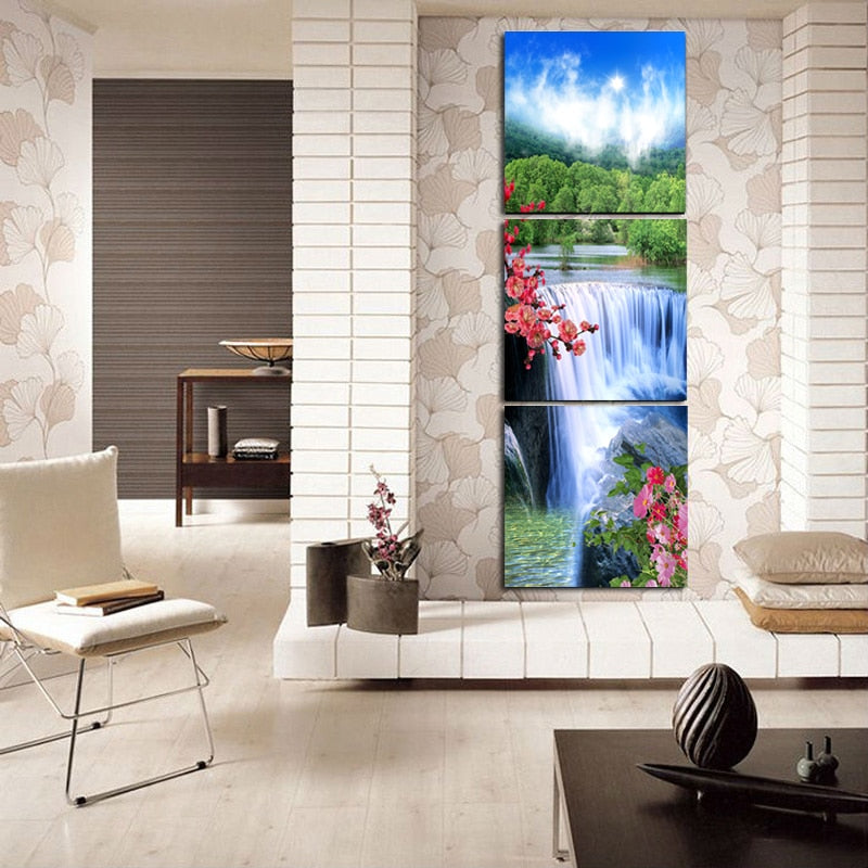 Landscape Posters and Prints Wall Art Canvas Painting 3 Panels Waterfall Decorative Pictures for Dining Room Home Decor Gifts - SallyHomey Life's Beautiful