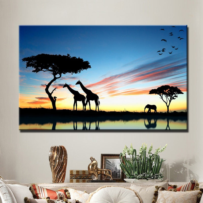 African Savannah Landscape HD Print Giraffe, Elephant Canvas Painting Poster Wall Art Picture Living Room Home Decor Frameless - SallyHomey Life's Beautiful