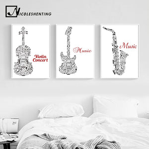 Jazz Music Instrument Minimalist Art Canvas Poster Prainting Guitar Violin Black White Picture Print Home Room Decoration - SallyHomey Life's Beautiful