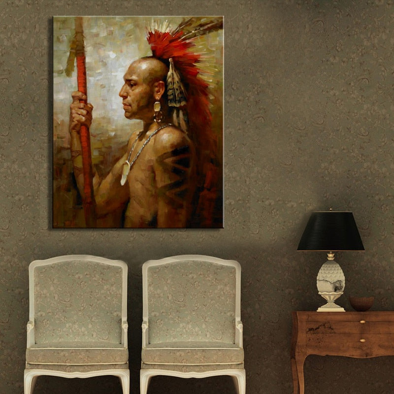 Abstract Native Indian Feathered Portrait Posters and Prints Wall Art Canvas Painting Decorative Pictures for Living Room Decor - SallyHomey Life's Beautiful