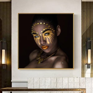 Posters and Prints Wall Art Canvas Painting Dark-skinned Girl with Golden Makeup Oil Painting Picture for Living Room Home Decor - SallyHomey Life's Beautiful