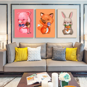 Cartoon Animals Posters and Prints Wall Art Canvas Painting Cute Pig, Bunny, Fox Decorative Paintings for Living Room Home Decor - SallyHomey Life's Beautiful